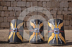 Line of roman shields supported on a javelin