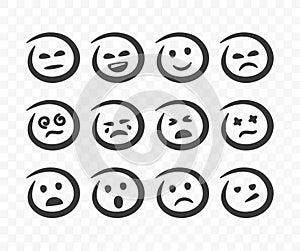 Line round character faces with various emotions. Abstract happy and sad emoji faces flat style.