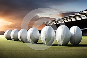 A line of rugby balls neatly arranged on the sideline, ready for use during a match