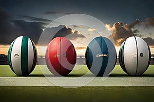 A line of rugby balls neatly arranged on the sideline, ready for use during a match