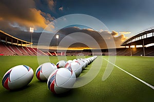 A line of rugby balls neatly arranged on the sideline, ready for use during a match