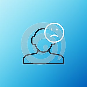 Line Sad and depressed man, bad mood icon isolated on blue background. Colorful outline concept. Vector