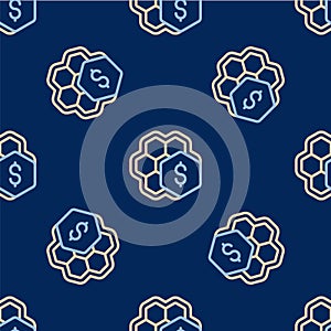 Line Sale of honeycomb icon isolated seamless pattern on blue background. Honey cells symbol. Sweet natural food. Vector
