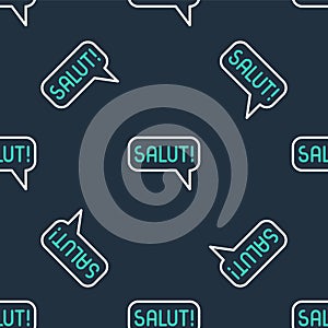 Line Salut in different languages icon isolated seamless pattern on black background. Speech bubbles. Vector
