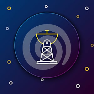 Line Satellite dish icon isolated on blue background. Radio antenna, astronomy and space research. Colorful outline