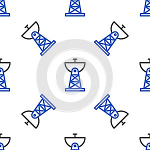 Line Satellite dish icon isolated seamless pattern on white background. Radio antenna, astronomy and space research