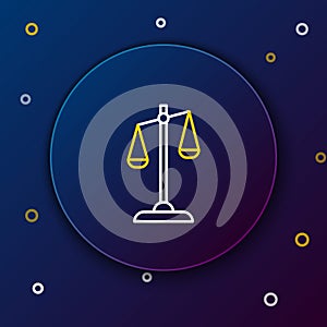 Line Scales of justice icon isolated on blue background. Court of law symbol. Balance scale sign. Colorful outline
