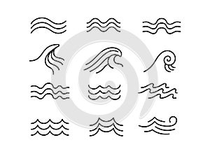 Line sea wave. Ocean water wavy elements, splashing blue storm waves isolated vector set photo