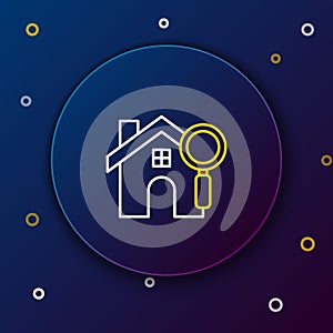 Line Search house icon isolated on blue background. Real estate symbol of a house under magnifying glass. Colorful