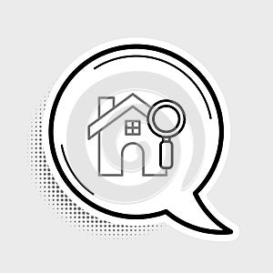 Line Search house icon isolated on grey background. Real estate symbol of a house under magnifying glass. Colorful