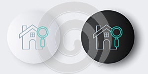 Line Search house icon isolated on grey background. Real estate symbol of a house under magnifying glass. Colorful