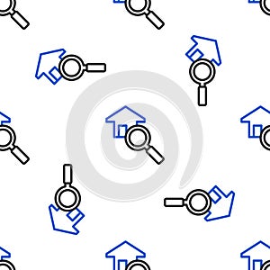 Line Search house icon isolated seamless pattern on white background. Real estate symbol of a house under magnifying