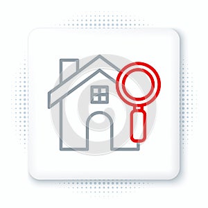 Line Search house icon isolated on white background. Real estate symbol of a house under magnifying glass. Colorful