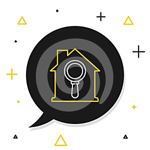 Line Search house icon isolated on white background. Real estate symbol of a house under magnifying glass. Colorful