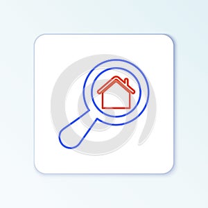 Line Search house icon isolated on white background. Real estate symbol of a house under magnifying glass. Colorful