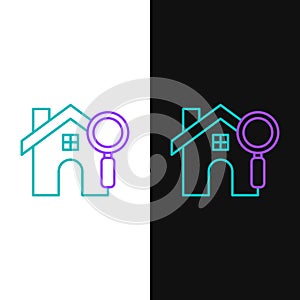 Line Search house icon isolated on white and black background. Real estate symbol of a house under magnifying glass