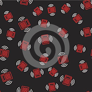 Line Security system control panel with display icon isolated seamless pattern on black background. Keypad of security