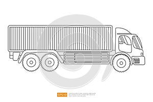 Line semi-trailer dump truck illustration on white background. Isolated delivery lift car. commercial vehicle flat vector.