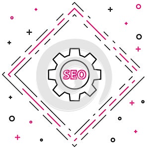 Line Seo tag with gear wheel icon isolated on white background. Colorful outline concept. Vector Illustration