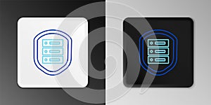 Line Server with shield icon isolated on grey background. Protection against attacks. Network firewall, router, switch