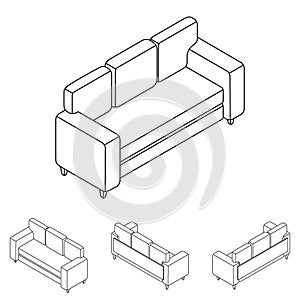Line set of sofas in isometry. New sofa in different angles in isometric projection.