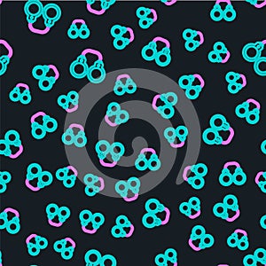 Line Sexy fluffy handcuffs icon isolated seamless pattern on black background. Fetish accessory. Sex shop stuff for