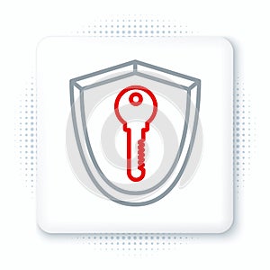 Line Shield with key icon isolated on white background. Protection and security concept. Safety badge icon. Privacy