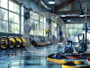 A line of shiny kettles lined up in precision on top of a gym floor photo