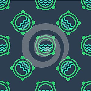 Line Ship porthole with rivets and seascape outside icon isolated seamless pattern on blue background. Vector