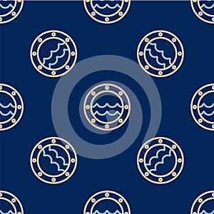 Line Ship porthole with rivets and seascape outside icon isolated seamless pattern on blue background. Vector
