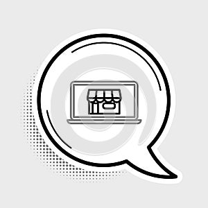 Line Shopping building on screen laptop icon isolated on grey background. Concept e-commerce, e-business, online