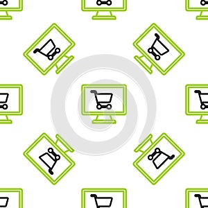 Line Shopping cart on screen computer icon isolated seamless pattern on white background. Concept e-commerce, e-business
