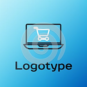 Line Shopping cart on screen laptop icon isolated on blue background. Concept e-commerce, e-business, online business