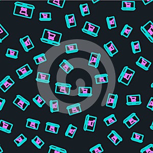 Line Shopping cart on screen laptop icon isolated seamless pattern on black background. Concept e-commerce, e-business