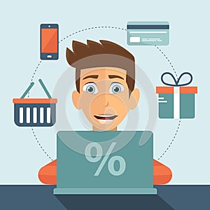 On line shopping concept. Man sitting in front of his lap top and searching for products to buy. Shopping icons.