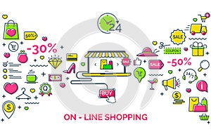 On-line shopping concept for web site header with flat thin line icon.