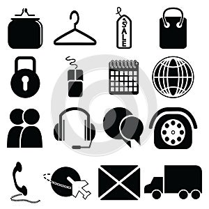 On line Shopping icons: purse, bag, sale label, security padlock, mouse, click and collect, world wide delivery, globe, car