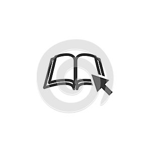 Line silhouette of the book with cursor arrow isolated on white background. Internet