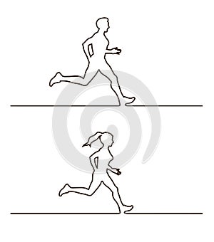 Line silhouettes of runners. Vector set of linear runners figures