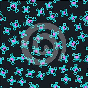 Line Skull on crossbones icon isolated seamless pattern on black background. Happy Halloween party. Vector