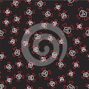 Line Skull on crossbones icon isolated seamless pattern on black background. Happy Halloween party. Vector