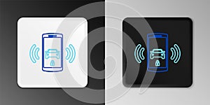 Line Smart car alarm system icon isolated on grey background. The smartphone controls the car security on the wireless