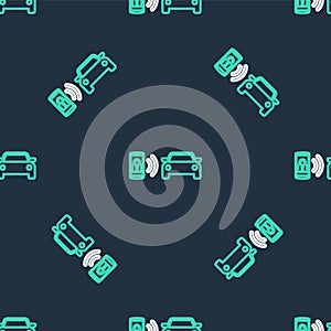 Line Smart car alarm system icon isolated seamless pattern on black background. The smartphone controls the car security