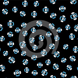 Line Smart car alarm system icon isolated seamless pattern on black background. The smartphone controls the car security
