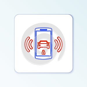 Line Smart car alarm system icon isolated on white background. The smartphone controls the car security on the wireless