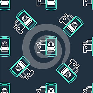 Line Smart car security system icon isolated seamless pattern on black background. The smartphone controls the car