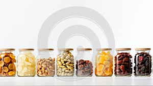 A line of snack-friendly glass jars holding various dried fruits. on white background