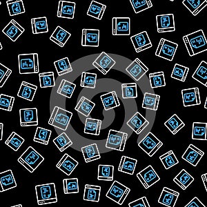 Line Software, web developer programming code icon isolated seamless pattern on black background. Javascript computer
