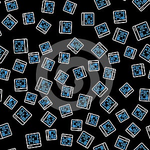 Line Software, web developer programming code icon isolated seamless pattern on black background. Javascript computer