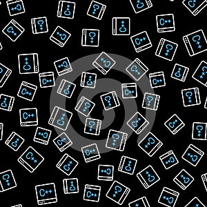Line Software, web developer programming code icon isolated seamless pattern on black background. Javascript computer